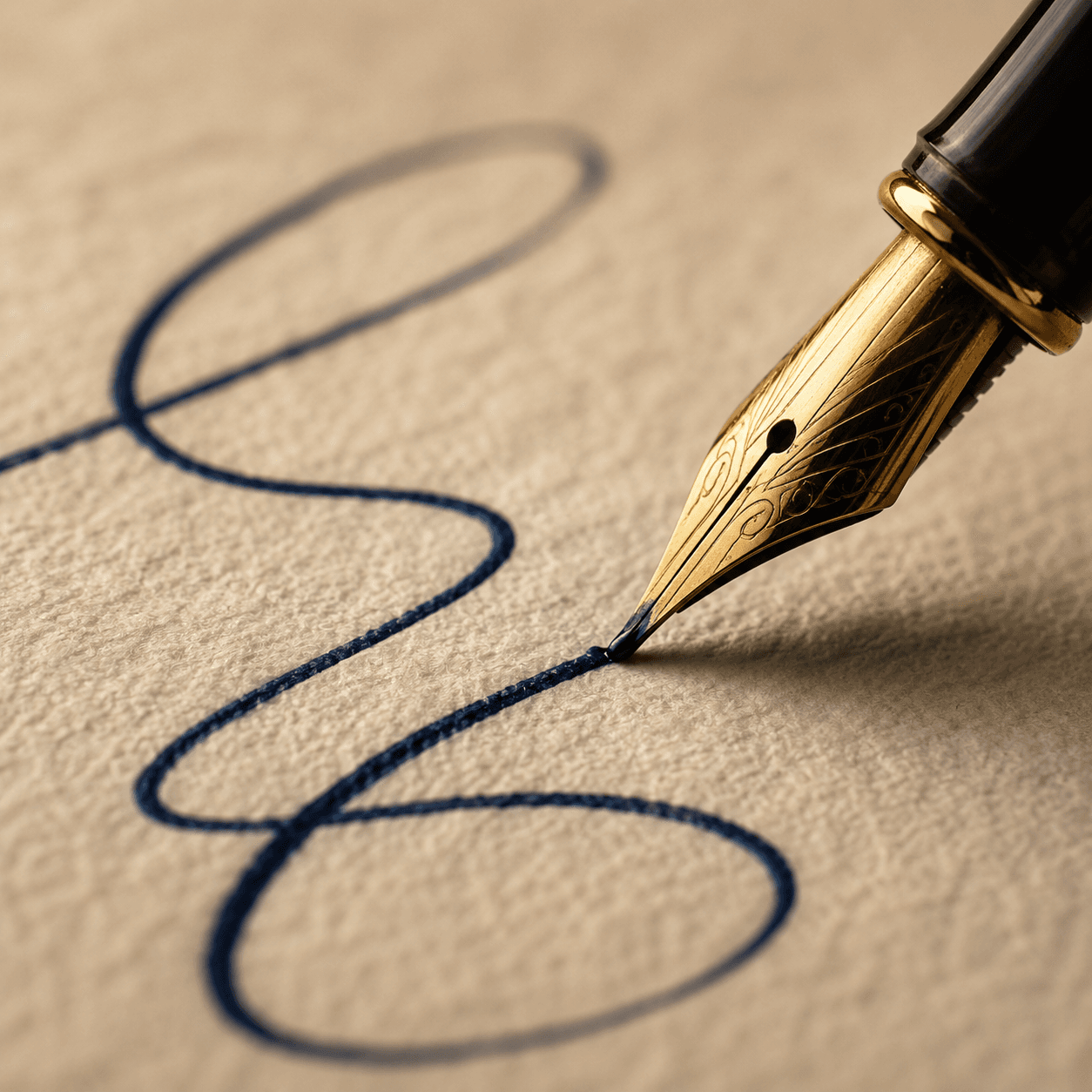 A pen nib laying a smooth ink line on textured paper